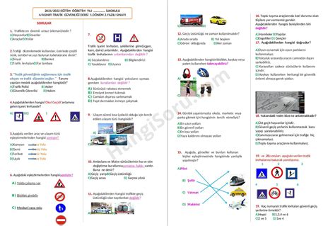 4 Sınıf Trafik Güvenliği 1 Dönem 2 Yazılı Yoklama Soruları 2021 2022