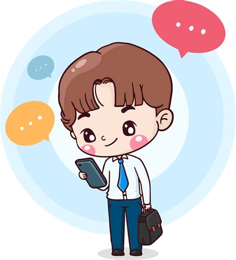 Cartoon Character Business Man Use Mobile Phone Flat Illustration