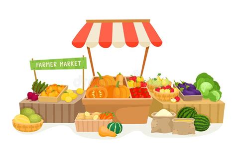 Vegetable Fruit Local Farmer Market In Cartoon Style Stock Vector