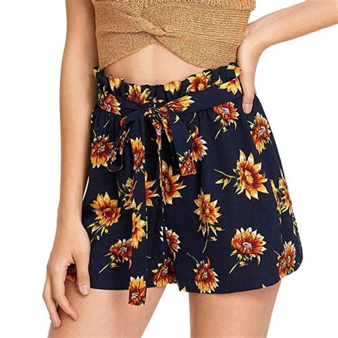 Womens Shorts Casual Lace Up Loose Bottom Floral Print Wide Leg Shorts High Waist Drawstring