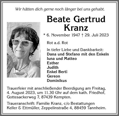 Traueranzeigen von Beate Gertrud Kranz Allgäuer Zeitung