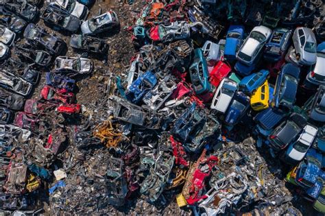 Scrapyard Aerial View Old Rusty Corroded Cars In Car Junkyard Stock