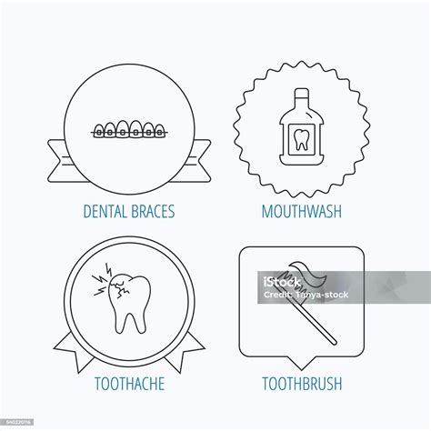 치통 치아용 치아교정기 및 가글 아이콘 가글에 대한 스톡 벡터 아트 및 기타 이미지 가글 곧은 대화 풍선 문자 기호