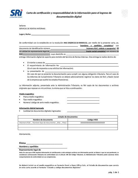 Carta De Certificaci N Y Responsabilidad De La Informaci N Para El