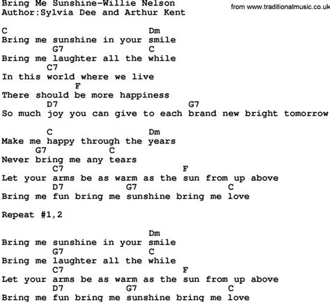 Country Music:Bring Me Sunshine-Willie Nelson Lyrics and Chords | Willie nelson lyrics, Lyrics ...