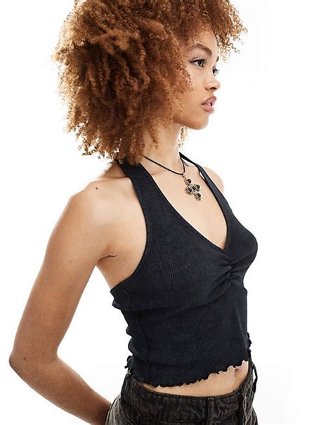 Reclaimed Vintage Rib Ruched Halter Neck Top In Charcoal Asos