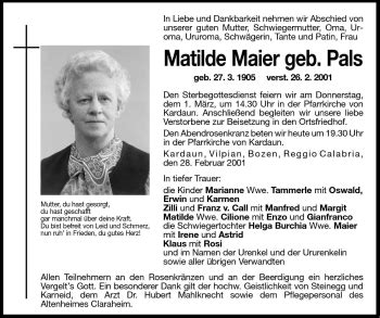 Traueranzeigen Von Matilde Maier Trauer Bz