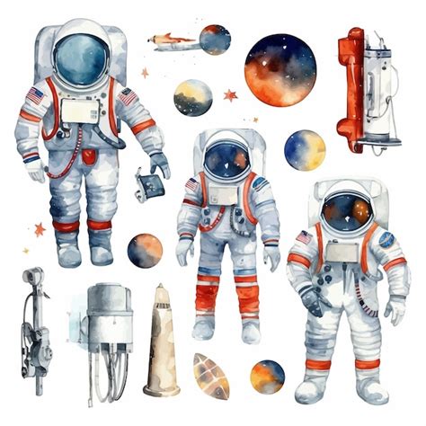 Free Vector Astronaut And Space Watercolor Clipart Set White Background