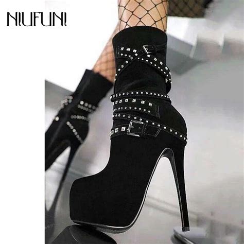 Women Boots Super High Heels Platform Ankle Boots Crystal Rhinestone Metal Chains Rivet