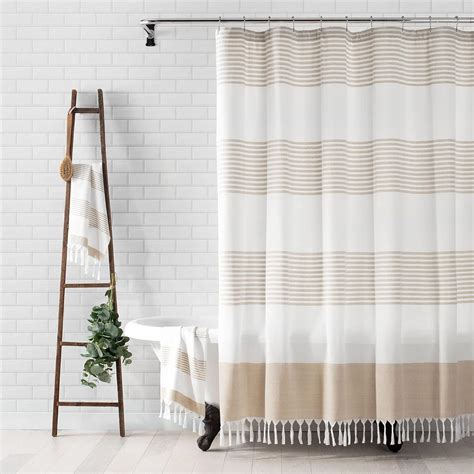 Elrene Home Fashions Boho Harper Stripe Knotted Tassel Fabric Shower Curtain 72 Inches By 72