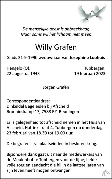 Willy Grafen Overlijdensbericht En Condoleances Mensenlinq Nl