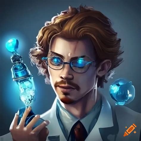 Image Of A Male Scientist Holding A Blue Crystal In A Futuristic City