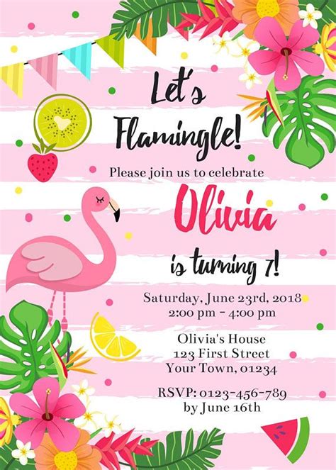 A Pink Flamingo Birthday Party With Tropical Leaves Flowers And Fruit