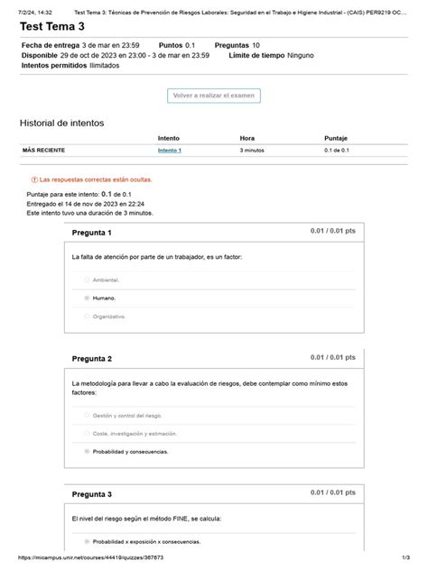 Test Tema 3 Técnicas De Prevención De Riesgos Laborales Seguridad En El Trabajo E Higiene