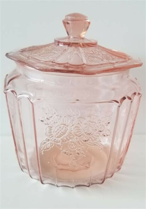 Vintage Pink Depression Glass Biscuit Cookie Jar Mayfair Open Rose