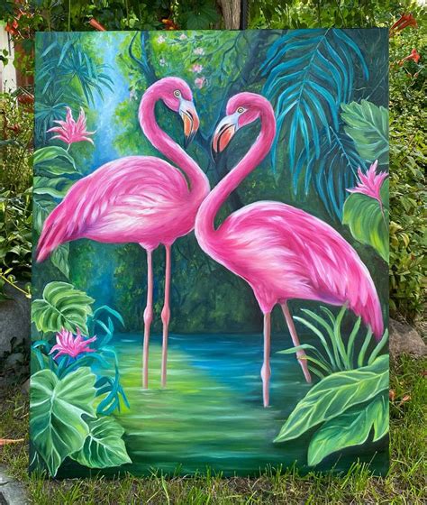 Pink Flamingo Painting on Canvas Tropical Animals in Rainforest ...