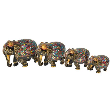 Multicolor Shrinath Art Gallery Wooden Embossed Stone Elephant Set For