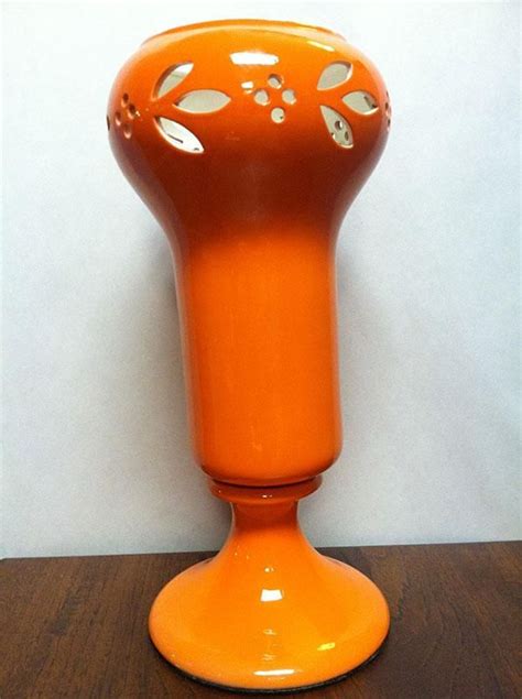 Orange 1940s Cutout Ceramic Torchiere Table Lamp Hurricane Glass Glassware Glass