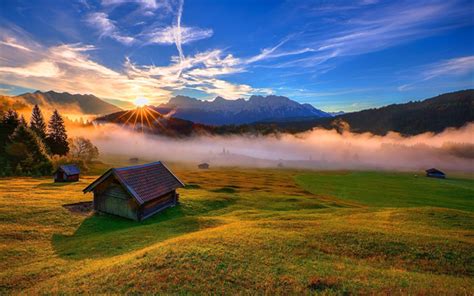 Download Wallpapers Bavaria Sunset Hut Mountains Hills Germany