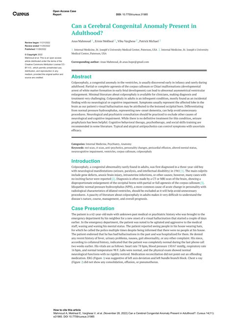 cerebral congenital anomaly present  adulthood