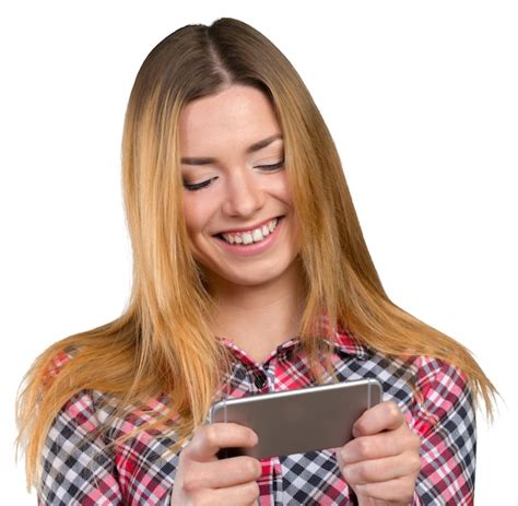 Premium Photo Cheerful Young Woman Holding Mobile Phone