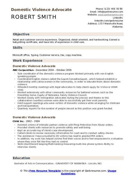 Domestic Violence Advocate Resume Samples Qwikresume