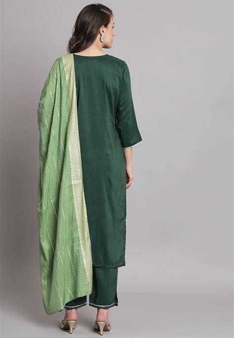 Embroidered Cotton Pakistani Suit In Dark Green Kbnq4621