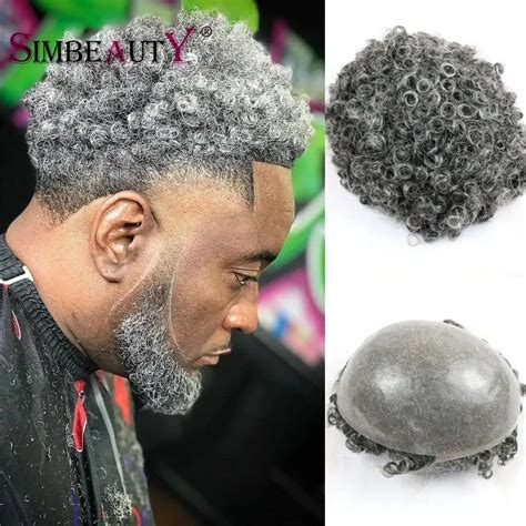 1b50 Gray Hair Curly Wig For Black Men Super Thin Skin Vlooped Indian Human Hair Toupee