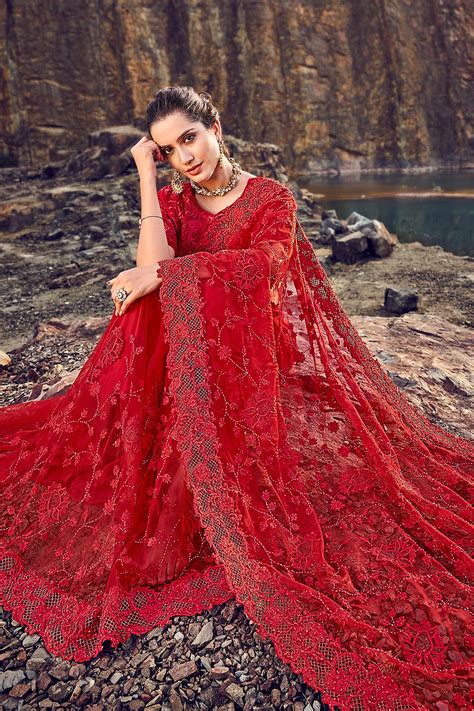 Buy Designer Crimson Red Embroidered Party Wear Saree Online Like A Diva