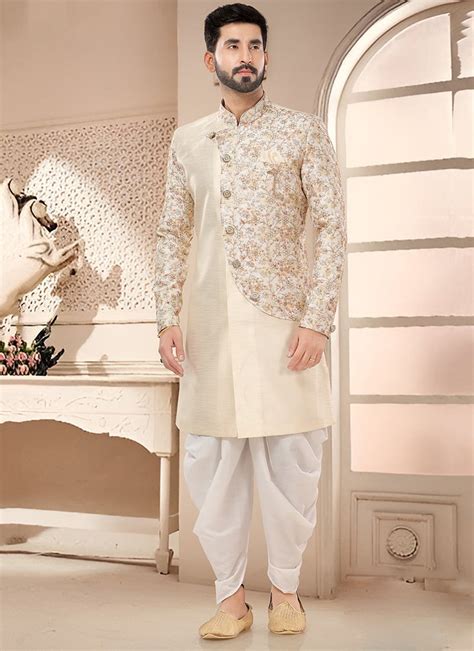 Shop Cream Silk Classic Sherwani Floral Print And Dhoti Style Pants