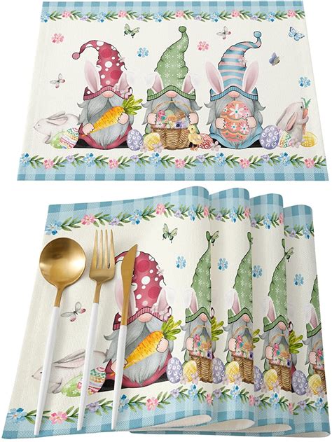 Rdsfhsp Happy Easter Placemats Set Of 4 Easter Gnome Bunny Table Mats