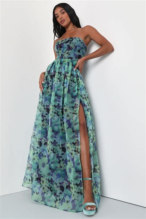 Green Floral Maxi Organza Floral Maxi Poofy Floral Gown Lulus