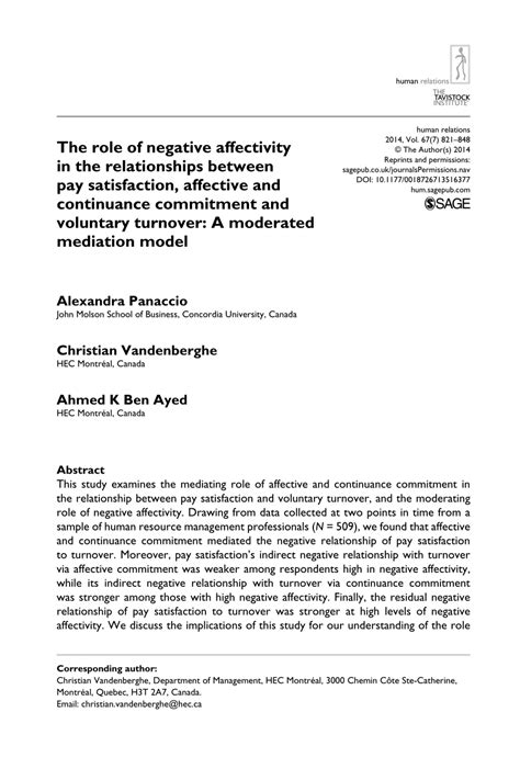 Pdf The Role Of Negative Affectivity In The Relationships Between Pay