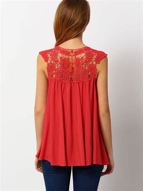 Red V Neck Lace Tank Top Sheinsheinside