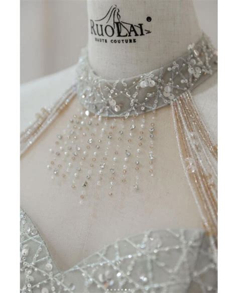 A Line Long Silver Sequin Prom Dress with Halter Neck #L78356 ...