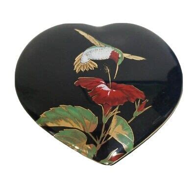 Vtg Otagiri Black Nightingale Bird Heart Shaped Porcelain Trinket Box