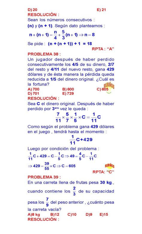 Fracciones Problemas Resueltos De Razonamiento Matemático Preuniversitario Y Secundaria Pdf