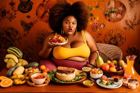 Premium AI Image Dark Skinned Plus Size Girl And A Lot Of Food Neural