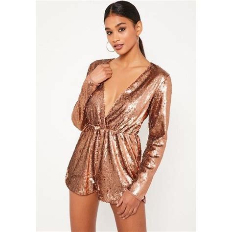 Missguided Rose Gold Sequin Wrap Long Sleeve Playsuit 41 Liked On