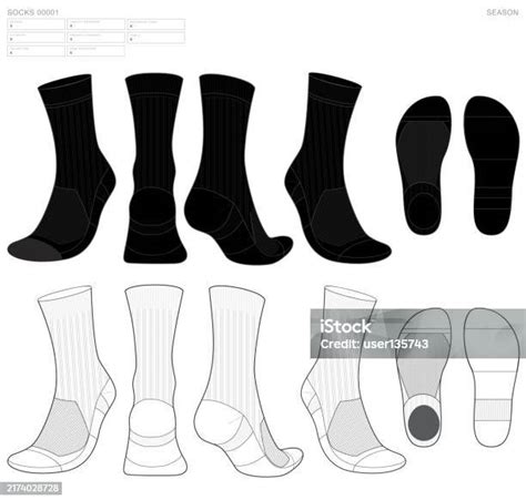 Socks Tech Pack Template Flat Sketch Fashion Illustration Mock Up Cad