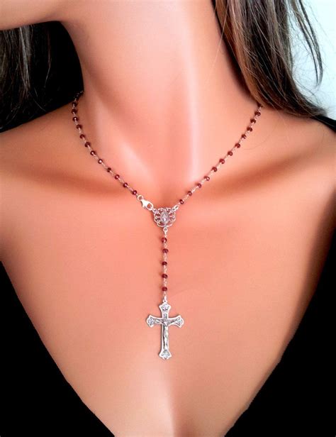 Sterling Silver Rosary Necklace For Women Garnet Cros Necklaces