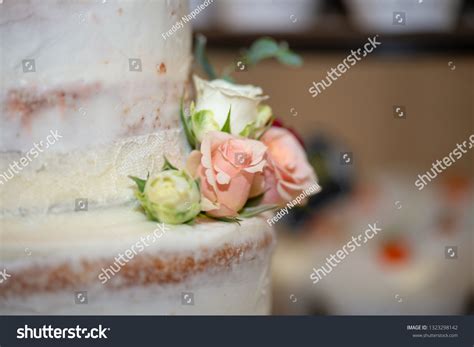 White Three Tier Naked Wedding Cake Stock Photo 1323298142 Shutterstock