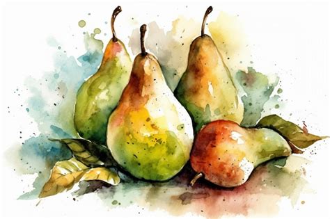 Premium Photo A Watercolor Painting Of Pears And Leaves