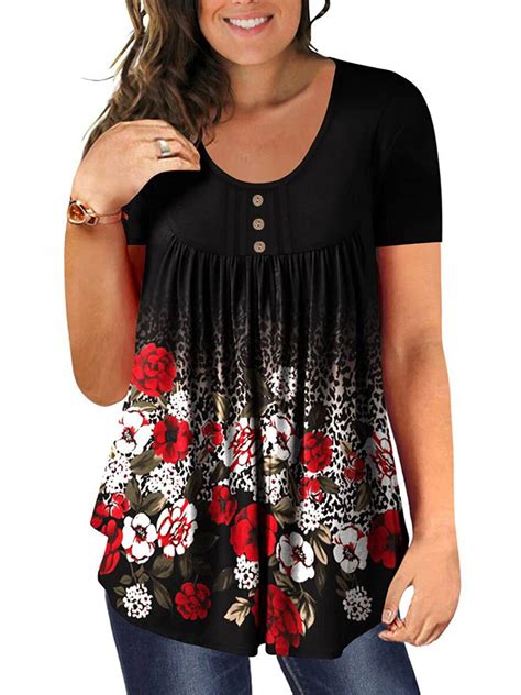 Chama Plus Size Short Sleeve Shirts For Women Pleated Flowy Tunic Blouses Floral Printed Tops