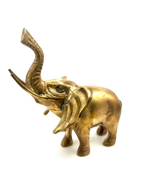 Vintage Solid Brass Elephant Figurine Big Eared Trunk Up Etsy