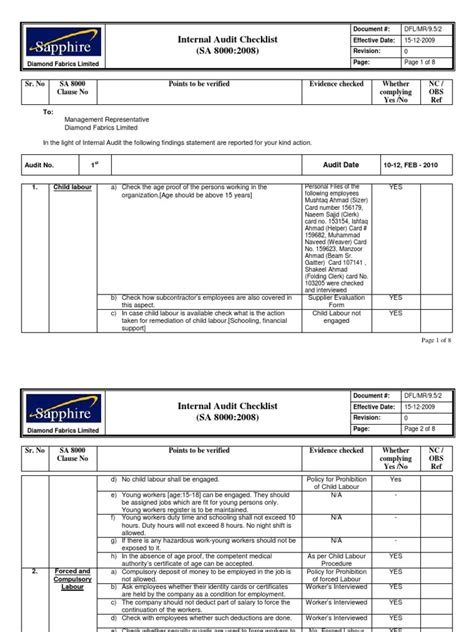 SA 8000 Audit Checklist | PDF | Overtime | Working Time