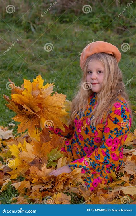 Autumn The Girl Holds In Her Hands The Fallen Autumn Yellow Beautiful