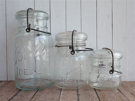 Vintage Clear Glass Ball Ideal Jar With Lid And Bail Set Of 3 Quart Pint And Third Pint Sized