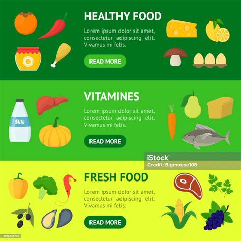 卡通健康食品標誌彩色橫幅水準設置向量向量圖形及更多一組物體圖片 一組物體 健康的生活方式 健康飲食 Istock