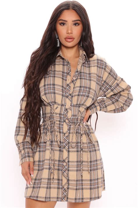 Getting Plaid Mini Dress Brown Combo Fashion Nova Dresses